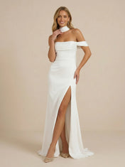 White Off the Shoulder Satin Wedding Dress with High Slit