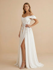 Off the Shoulder Floral Embroidered Corset Wedding Dress with High Slit
