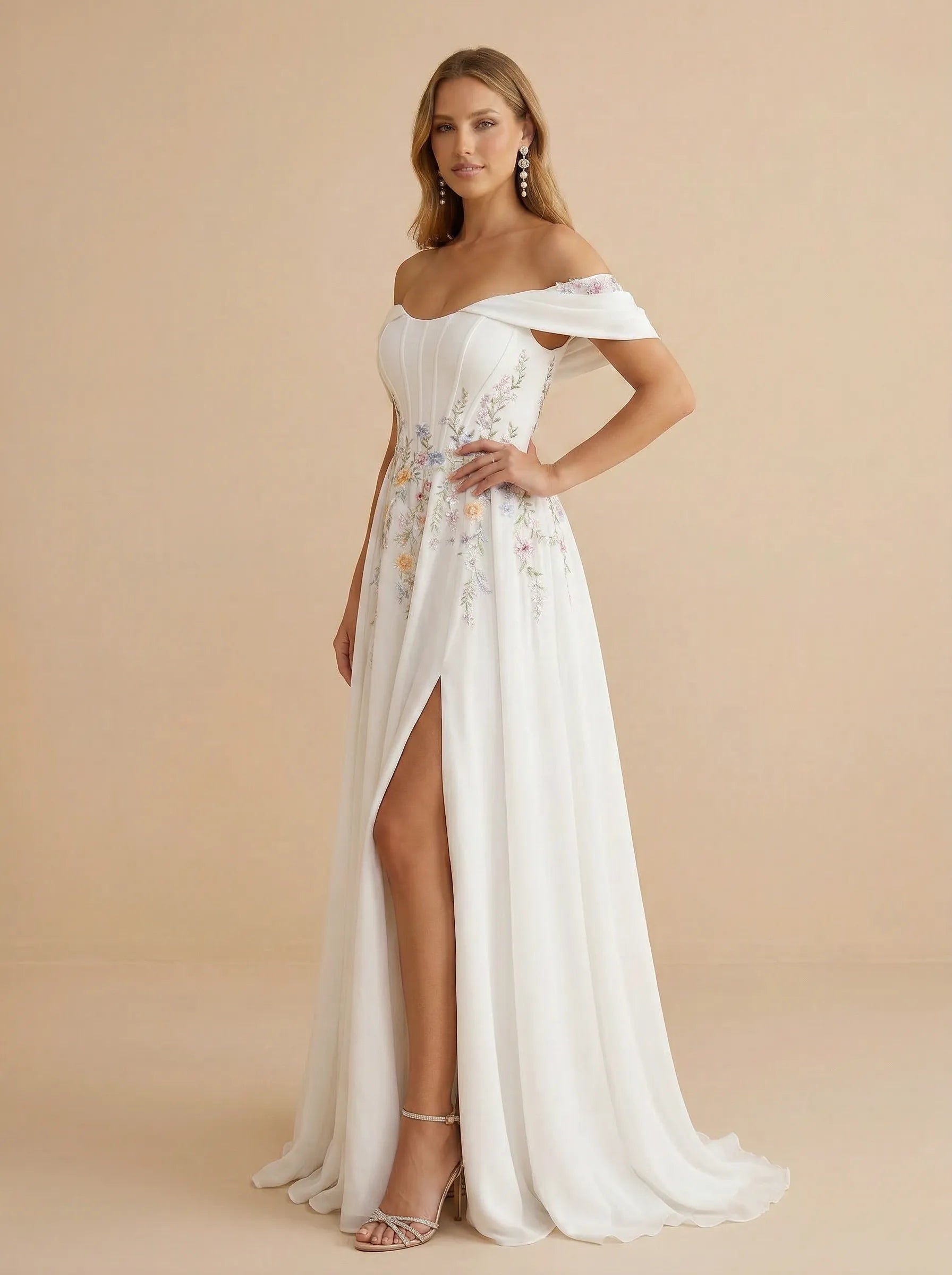 Off the Shoulder Floral Embroidered Corset Wedding Dress with High Slit
