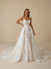 3D Floral Spaghetti Strap Lace Mermaid Wedding Dress with Detachable Train