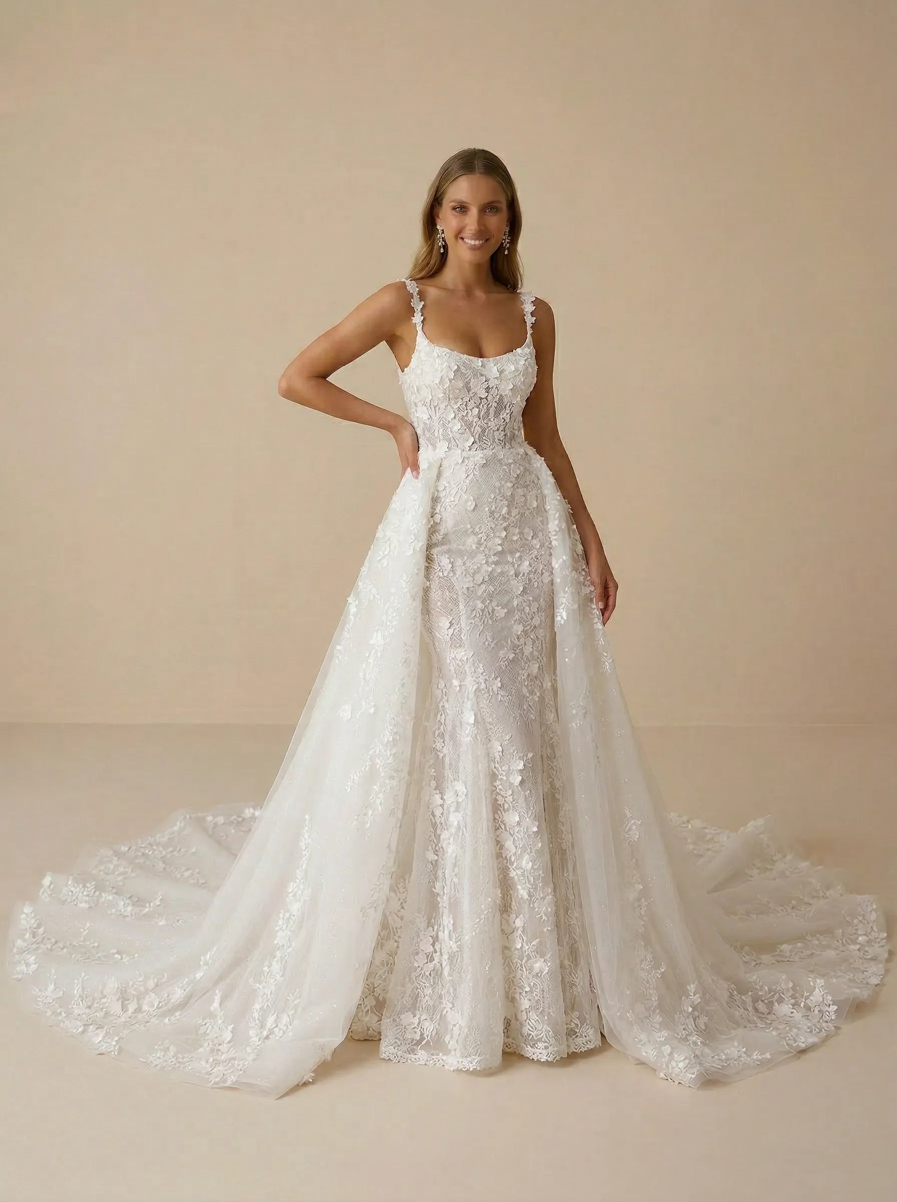 3D Floral Spaghetti Strap Lace Mermaid Wedding Dress with Detachable Train
