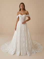 Off the Shoulder Lace Corset Wedding Dress with Train