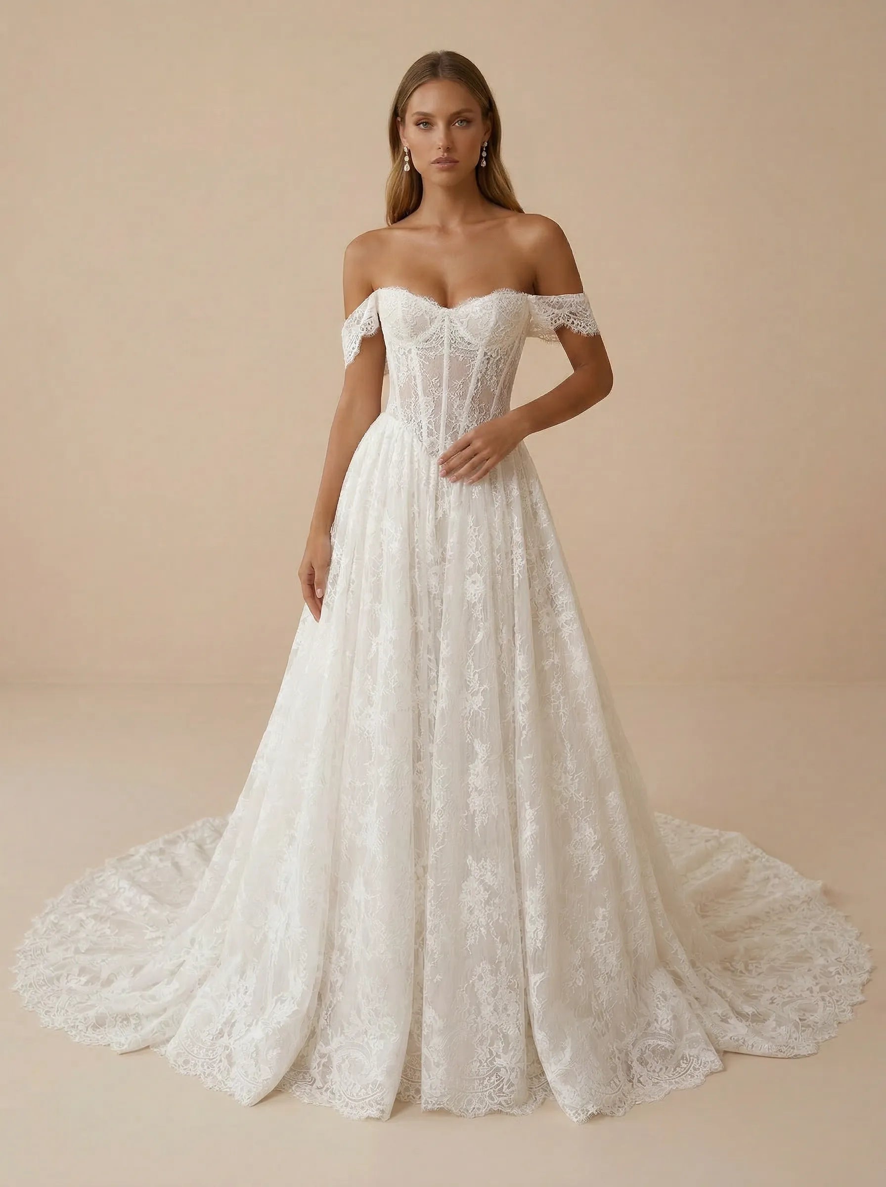 Off the Shoulder Lace Corset Wedding Dress with Train