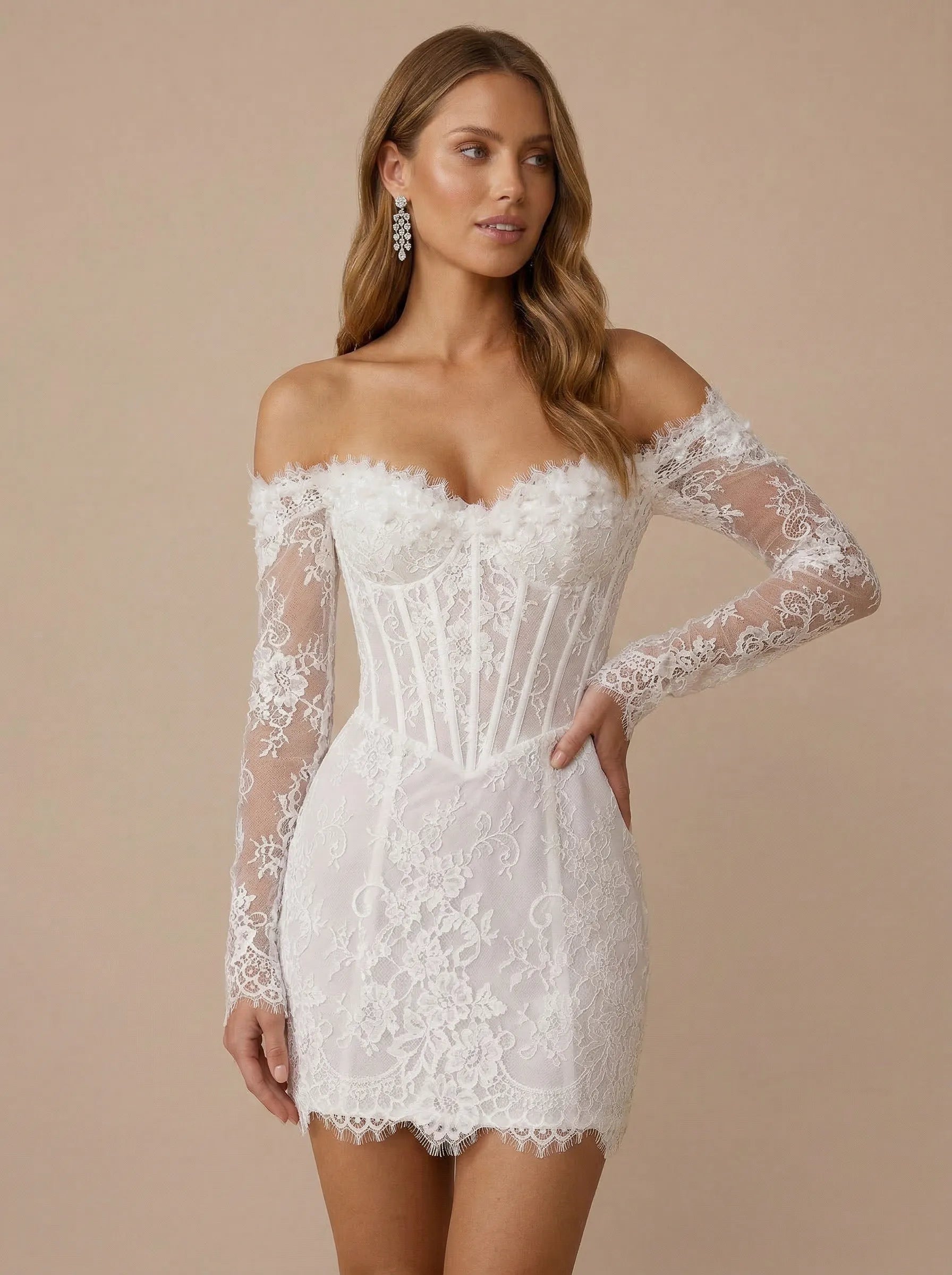 Off the Shoulder Lace Corset Bodice Mini Wedding Dress with Long Sleeves