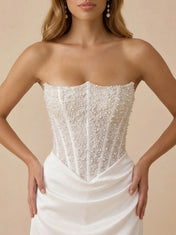 White Strapless Sequin Beaded Satin Mini Wedding Dress with Corset