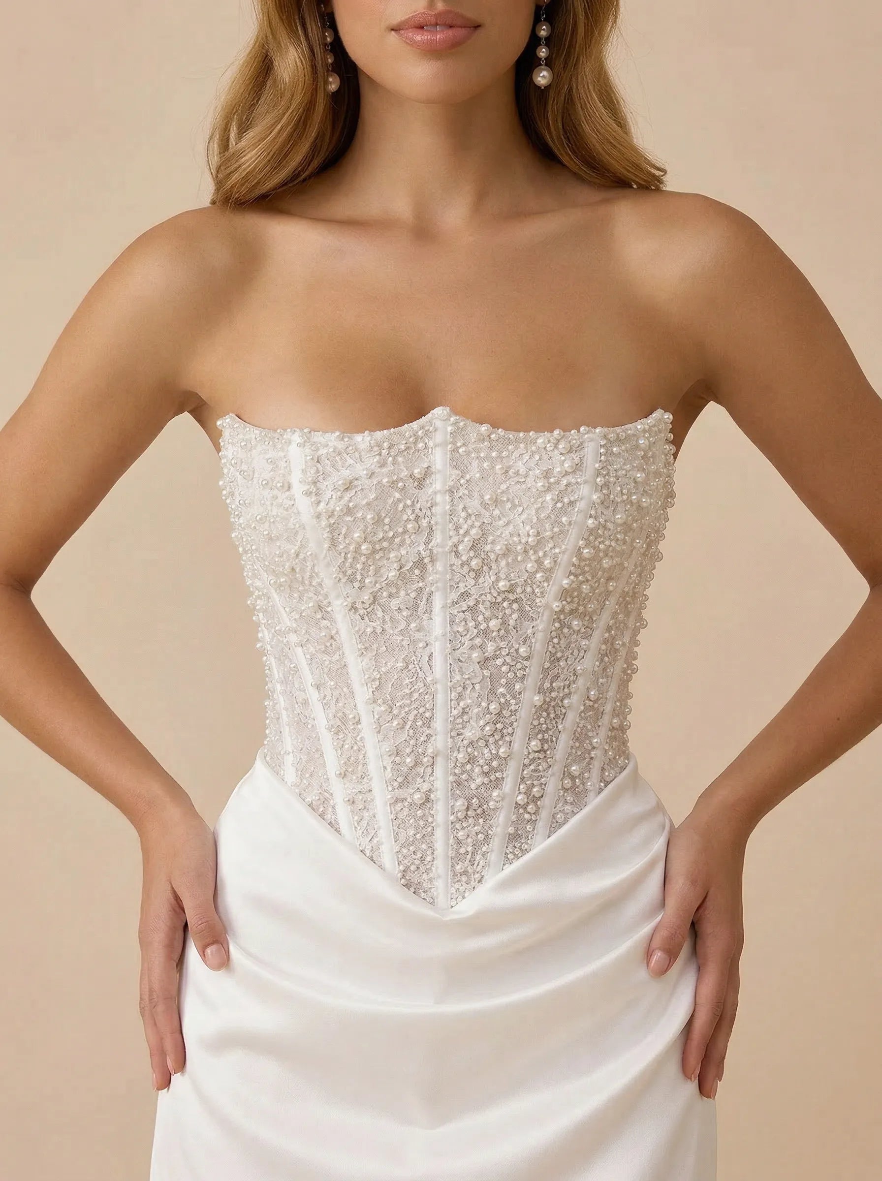 White Strapless Sequin Beaded Satin Mini Wedding Dress with Corset