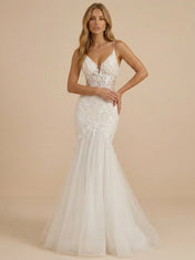 V-Neck Spaghetti Straps Lace Applique Mermaid Wedding Dress