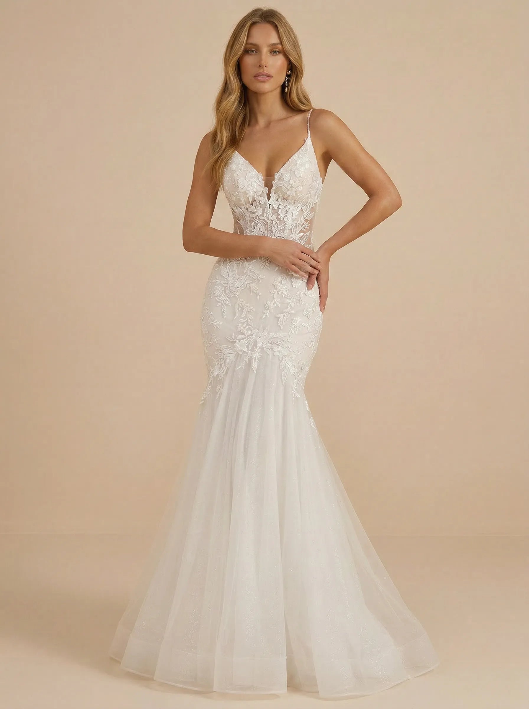 V-Neck Spaghetti Straps Lace Applique Mermaid Wedding Dress