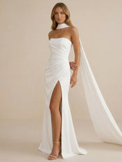 Strapless Ruched High Slit Satin Wedding Dress with Scarf