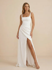 White Square Neck Sleeveless Satin Wedding Dress with High Slit