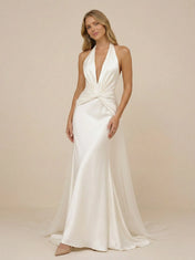 Deep V-Neck Halter Satin Mermaid Wedding Dress with Tulle Train