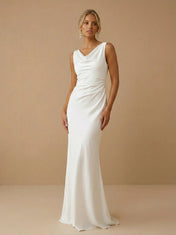 White Cowl Neck Sleeveless Backless Satin Bridal Gown with Ruched