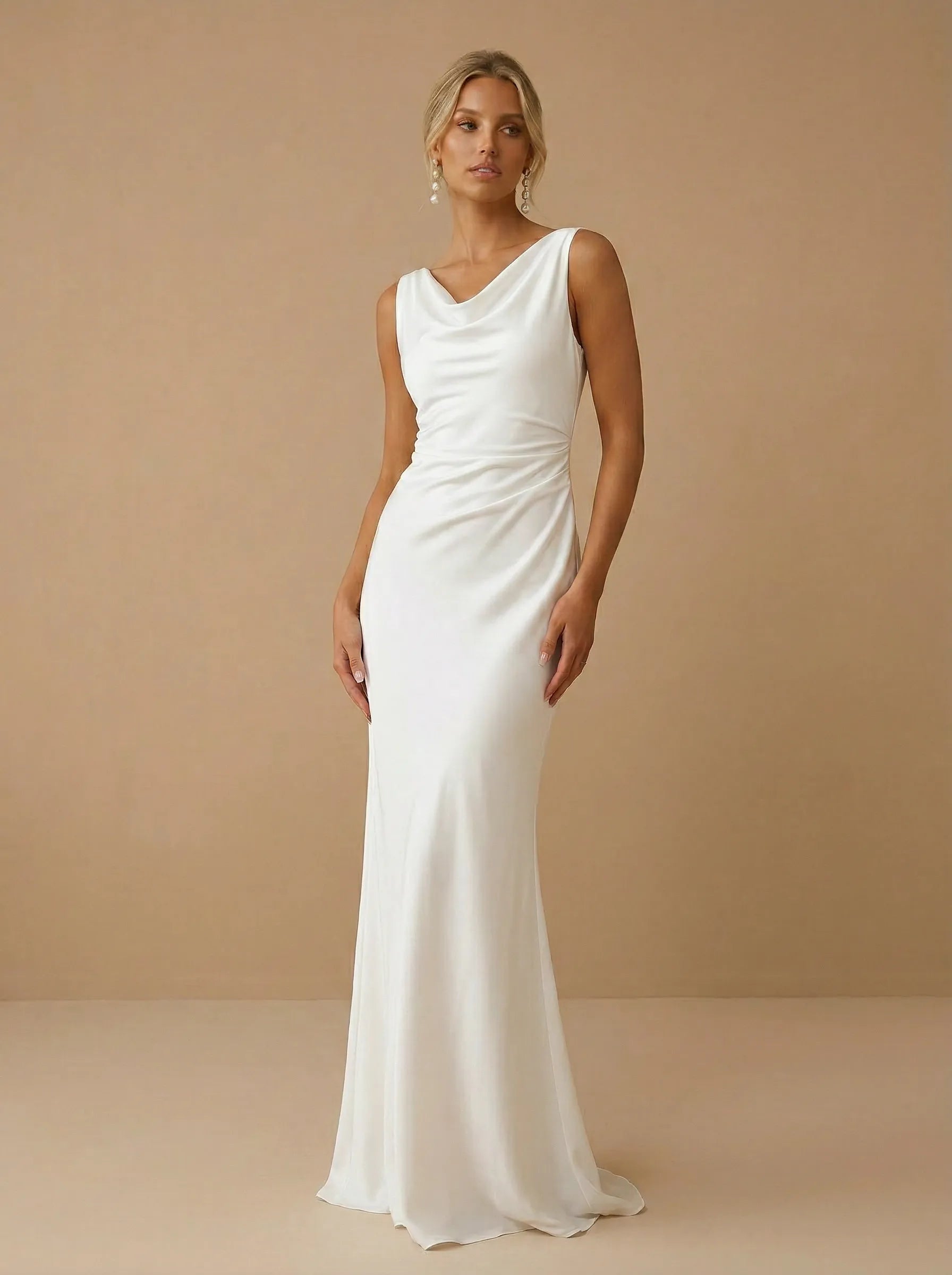 White Cowl Neck Sleeveless Backless Satin Bridal Gown with Ruched
