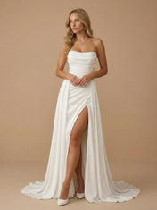 Strapless Ruched Chiffon Floor-Length Wedding Gown with High Slit