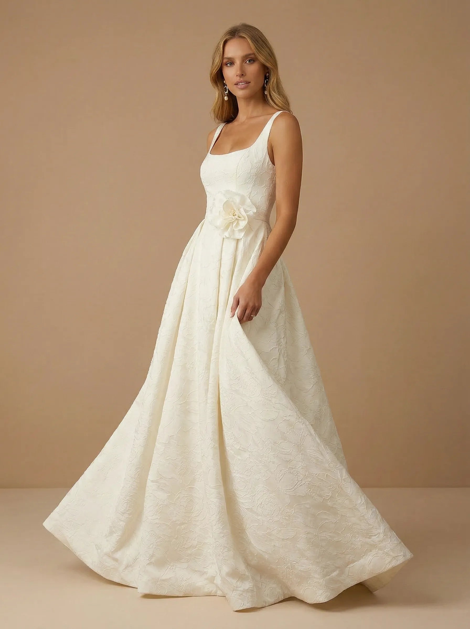 Square Neck Floral 3D Flower Ball Gown with Pockets