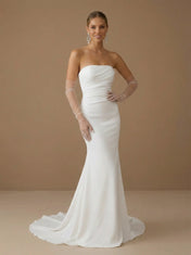 White Strapless Satin Mermaid Wedding Dress with Bow