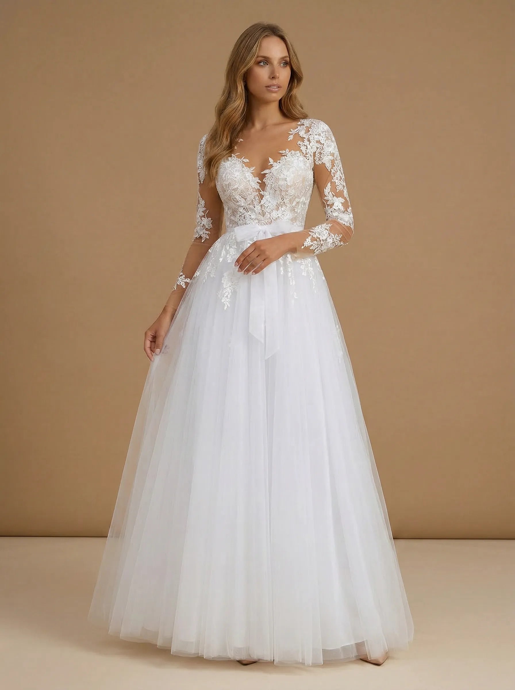 White Long Sleeve Floral Lace V Neck A-Line Tulle Bridal Gown