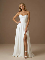 Strapless Ruched A-Line Pleat Satin Wedding Dress with High Slit