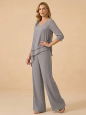 Asymmetric Draped Chiffon Wide-Leg Mother of the Bride Pant Set