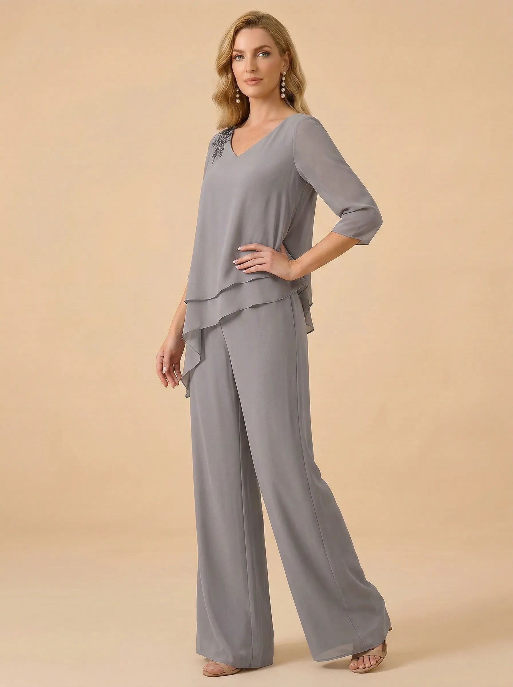 Asymmetric Draped Chiffon Wide-Leg Mother of the Bride Pant Set