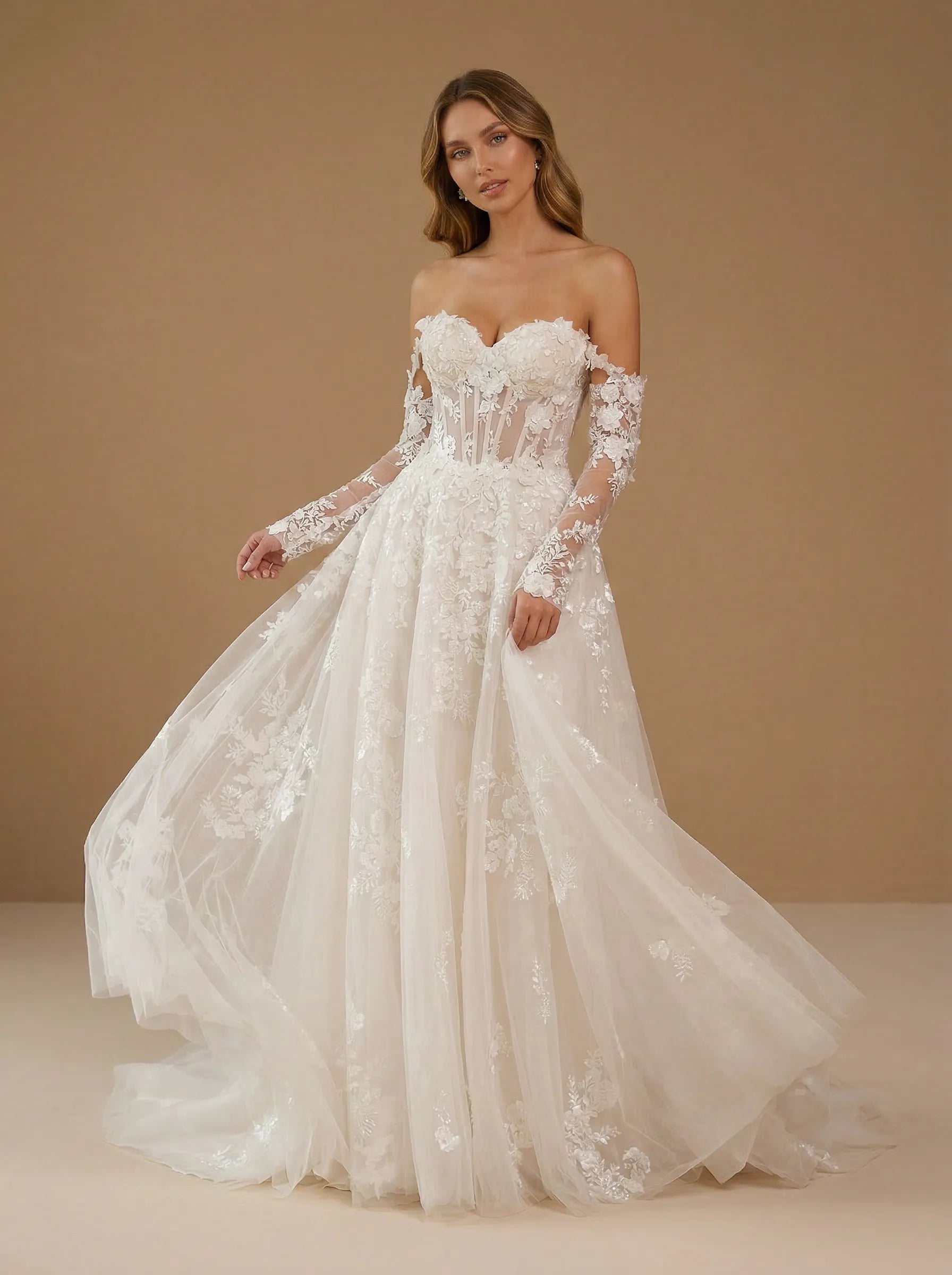 Off the Shoulder Floral Lace Corset Long Sleeves Wedding Dress