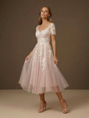 Short Sleeve Floral Lace Tulle Tea-Length Midi Wedding Dress
