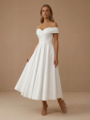Off the Shoulder Ruched Pleat Satin Midi Wedding Dress with Bow