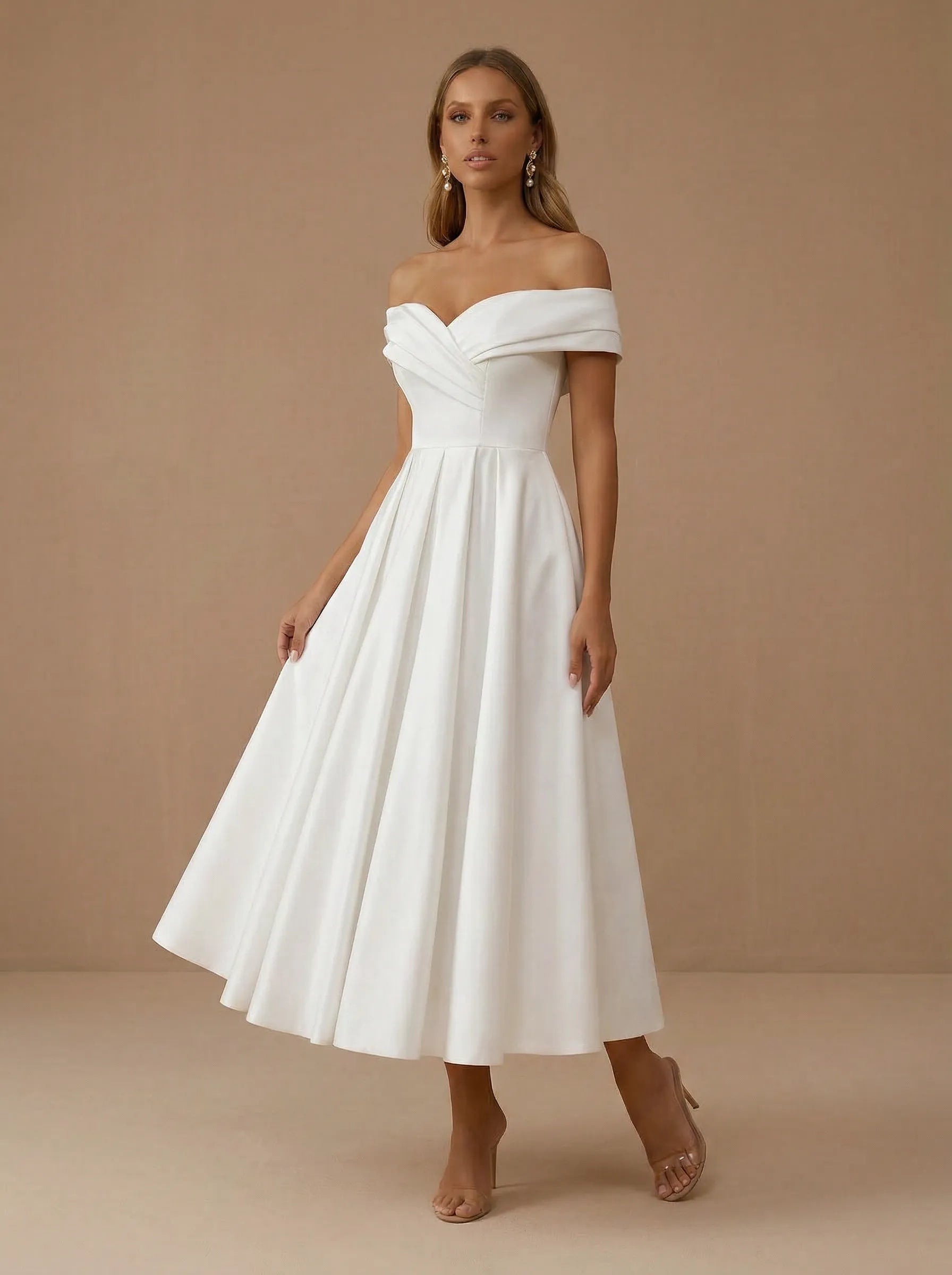 Off the Shoulder Ruched Pleat Satin Midi Wedding Dress with Bow