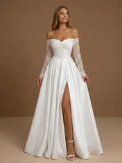 Off the Shoulder Lace Long Sleeve Corset Bodice Wedding Gown with Slit