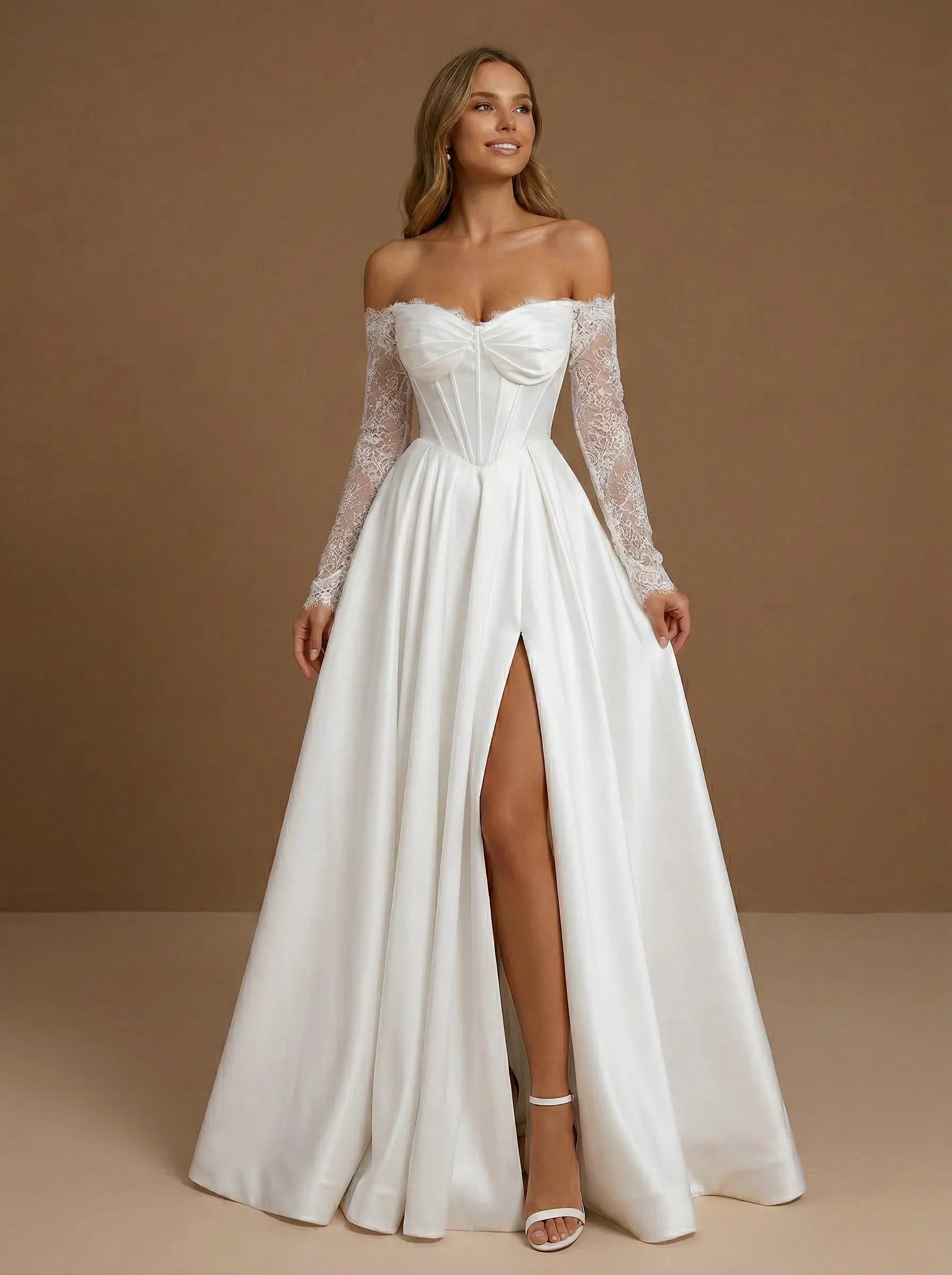 Off the Shoulder Lace Long Sleeve Corset Bodice Wedding Gown with Slit
