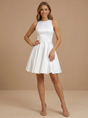 White Scoop Neck Sleeveless Satin Mini Bridal Dress
