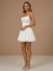 White Strapless Satin Puff A Line Mini Bridal Dress with Corset