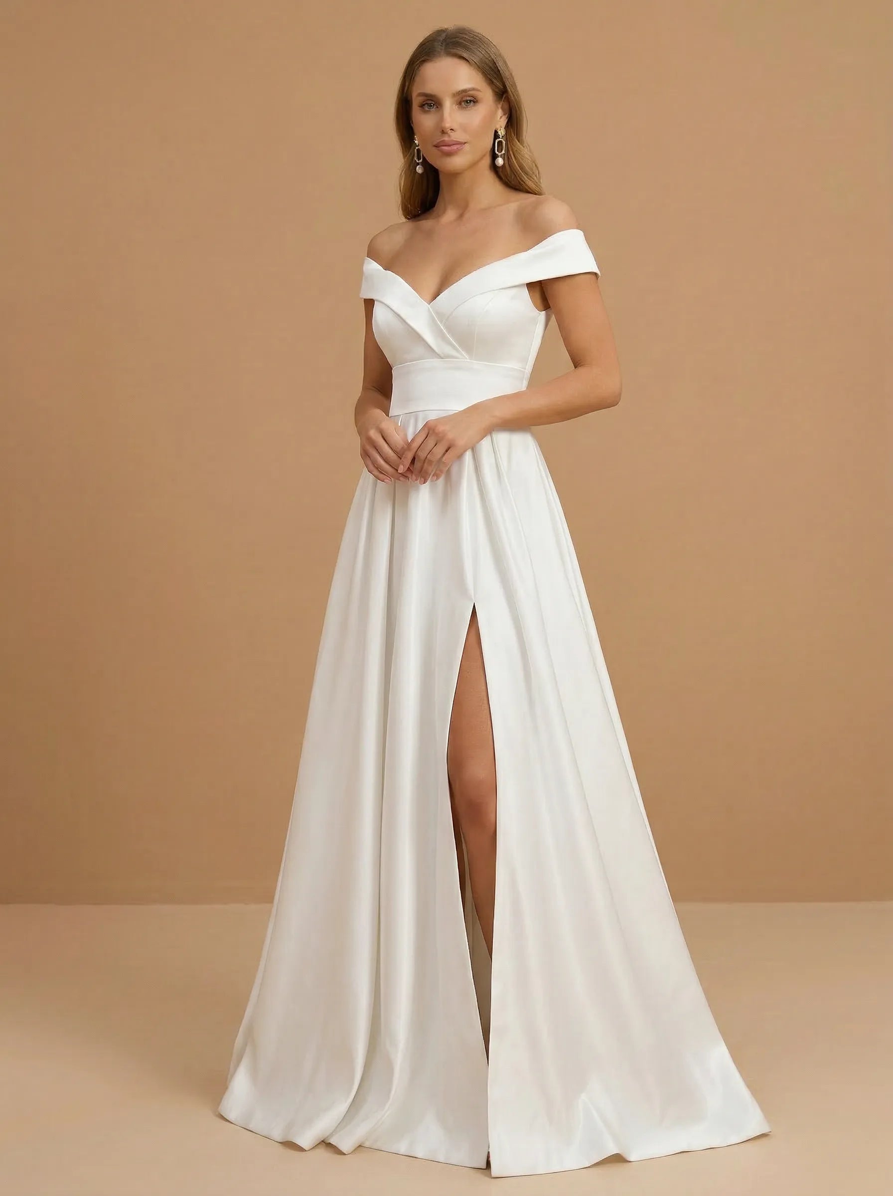 Off the Shoulder Ruched Satin Floor-Length Wedding Gown with Slit