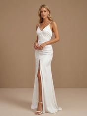 V-Neck Spaghetti Strap Ruched Satin Bridal Gown with High Slit