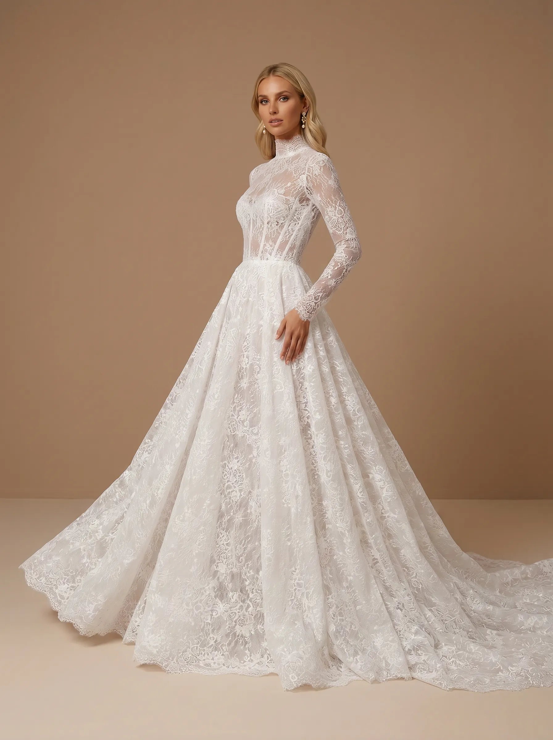 White High Neck A Line Lace Applique Wedding Dress with Train