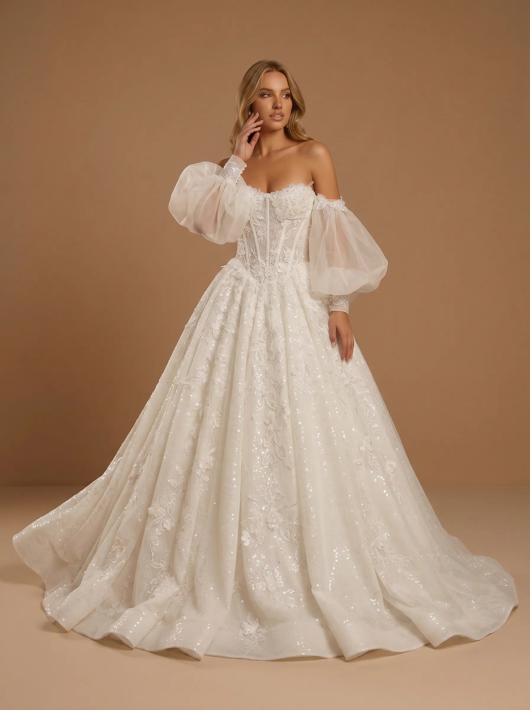 Off the Shoulder Lace Applique Ball Gown with Lantern Sleeves