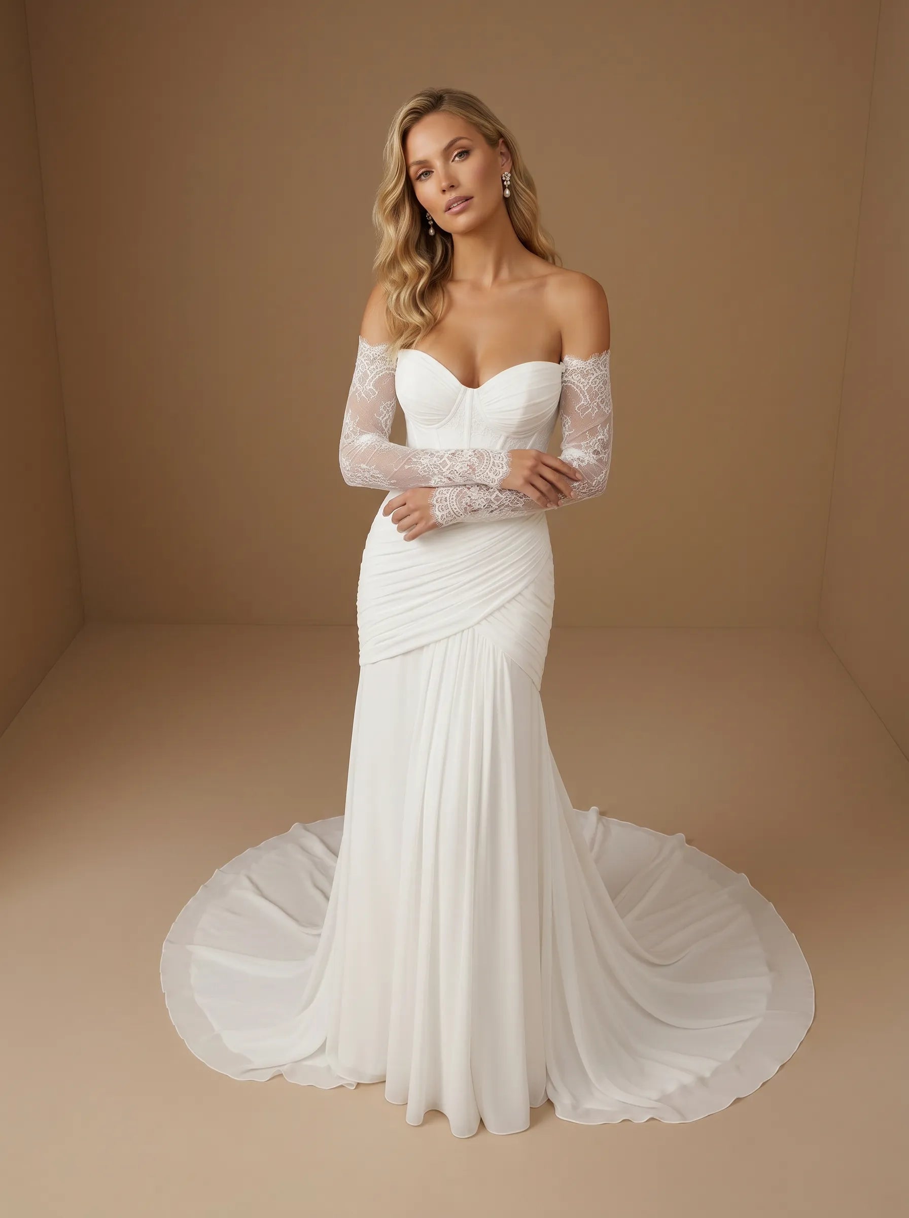 Off the Shoulder Lace Long Sleeve Corset Bridal Gown with Ruched