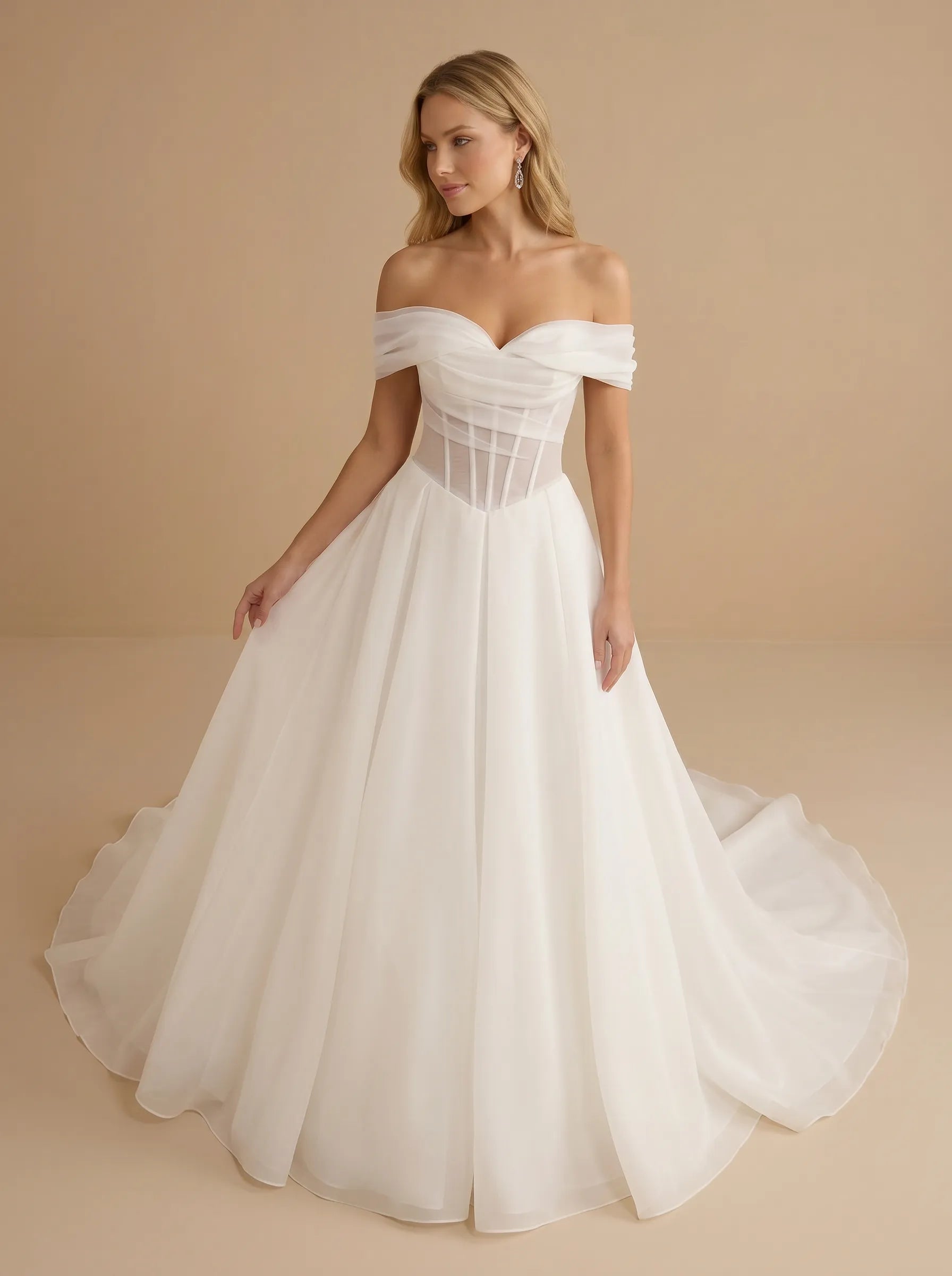 Off the Shoulder Ruched Organza Flowy A-Line Wedding Gown