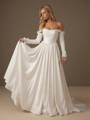 Off the Shoulder Satin Long Sleeves 3D Floral Ball Gown with Corset