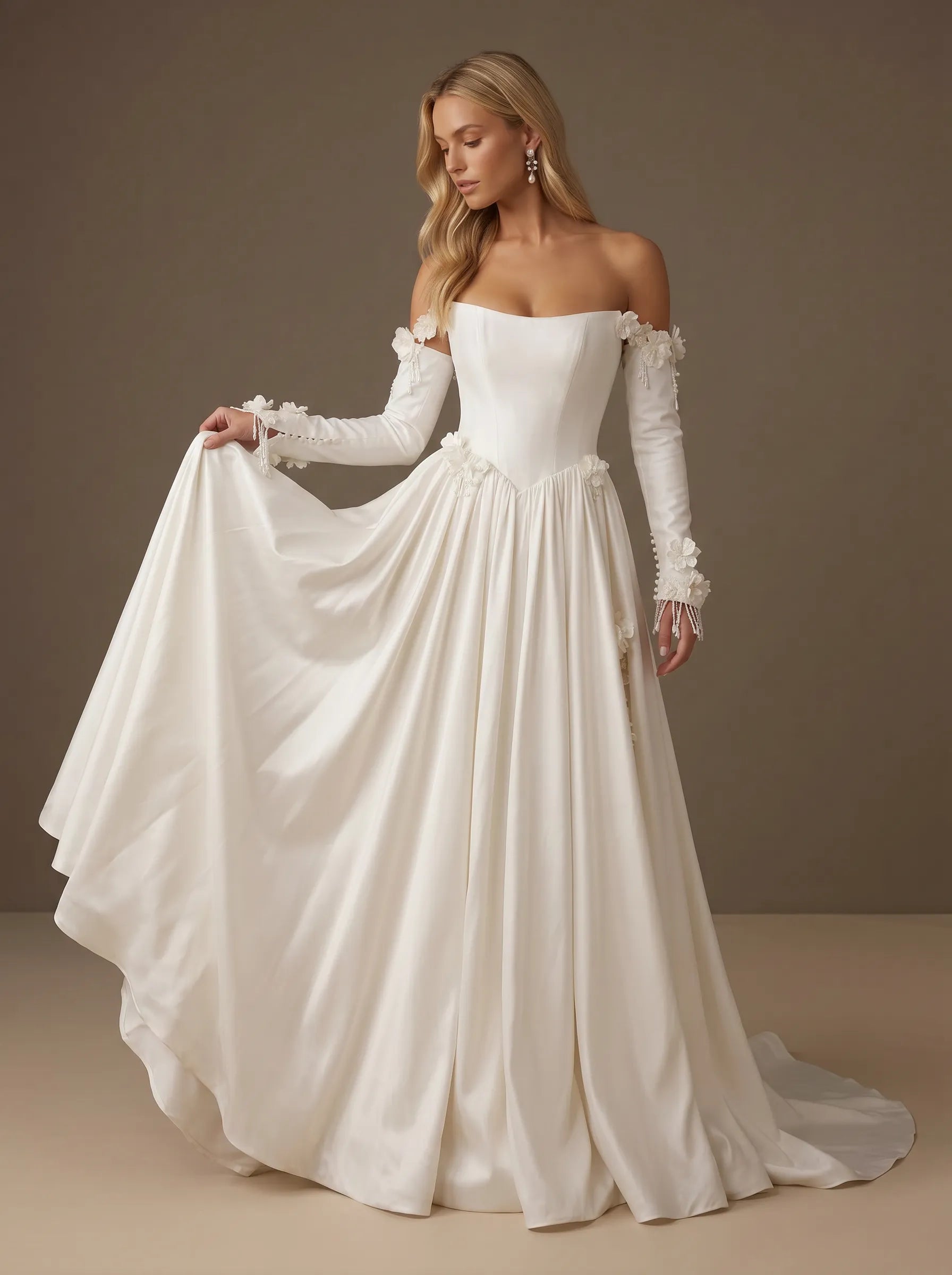 Off the Shoulder Satin Long Sleeves 3D Floral Ball Gown with Corset