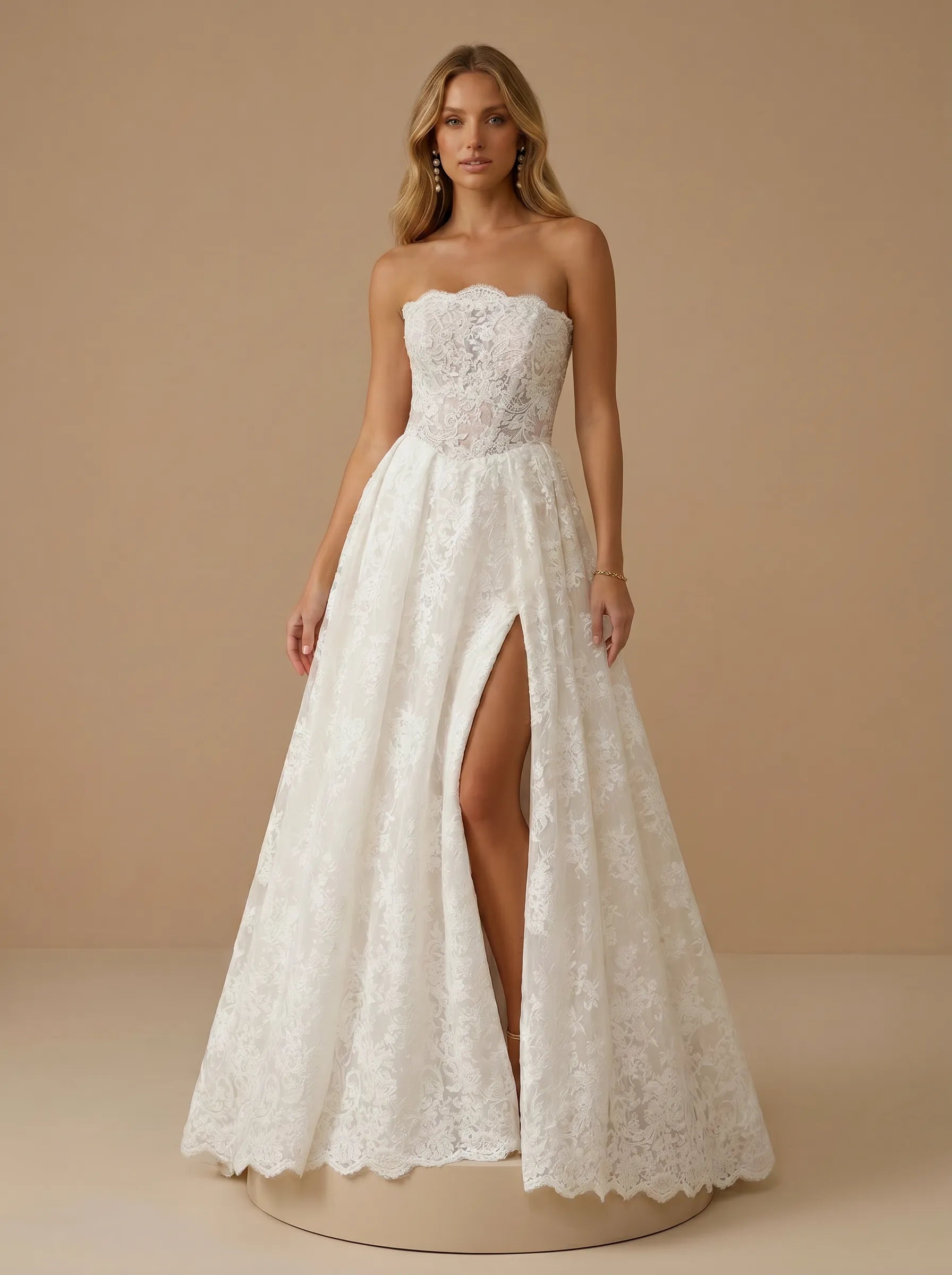 Ivory Strapless Lace Applique Sheer Illusion Bodice Wedding Dress with Slit