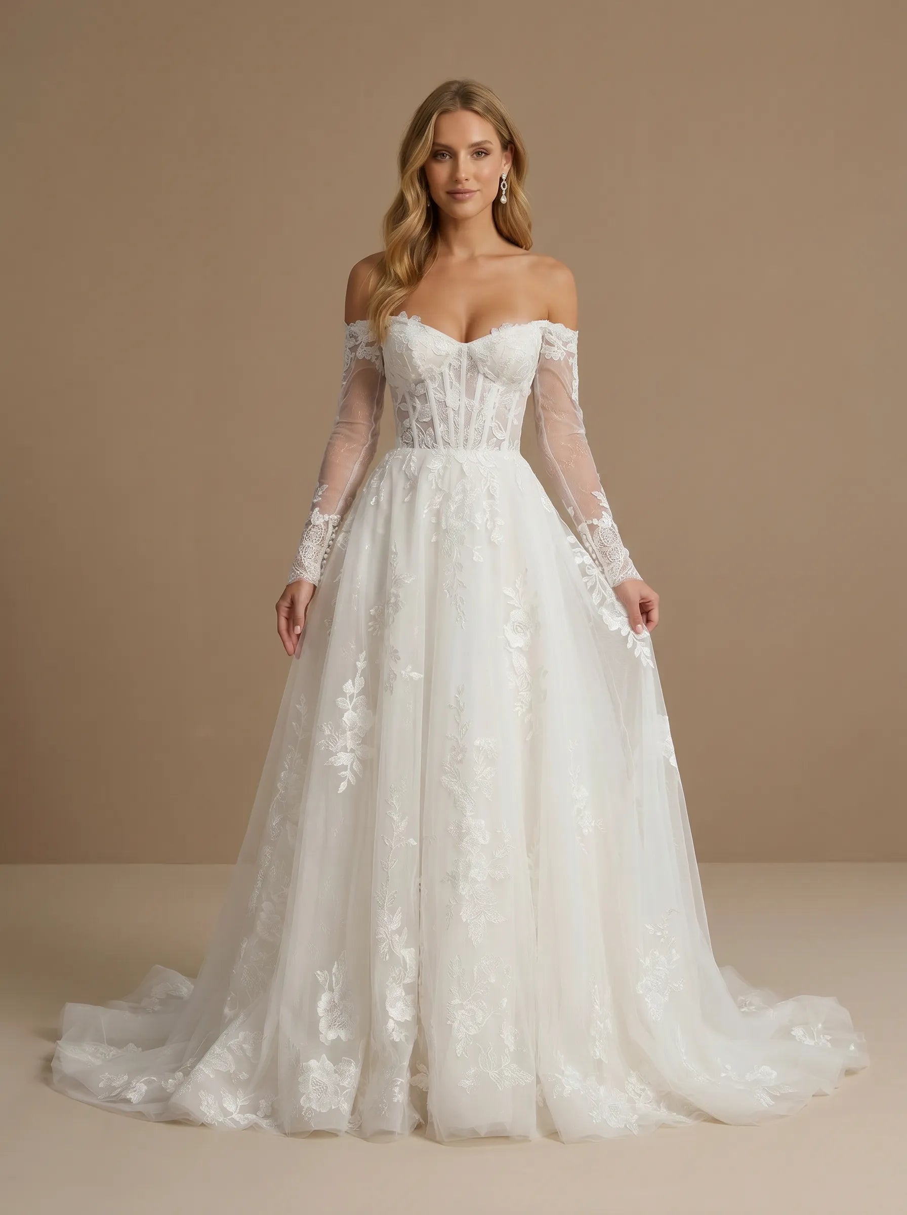 Off the Shoulder Lace Applique A Line Wedding Dress with Long Sleeves