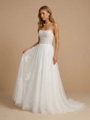White Strapless Floral Lace Ruched Tulle Wedding Gown
