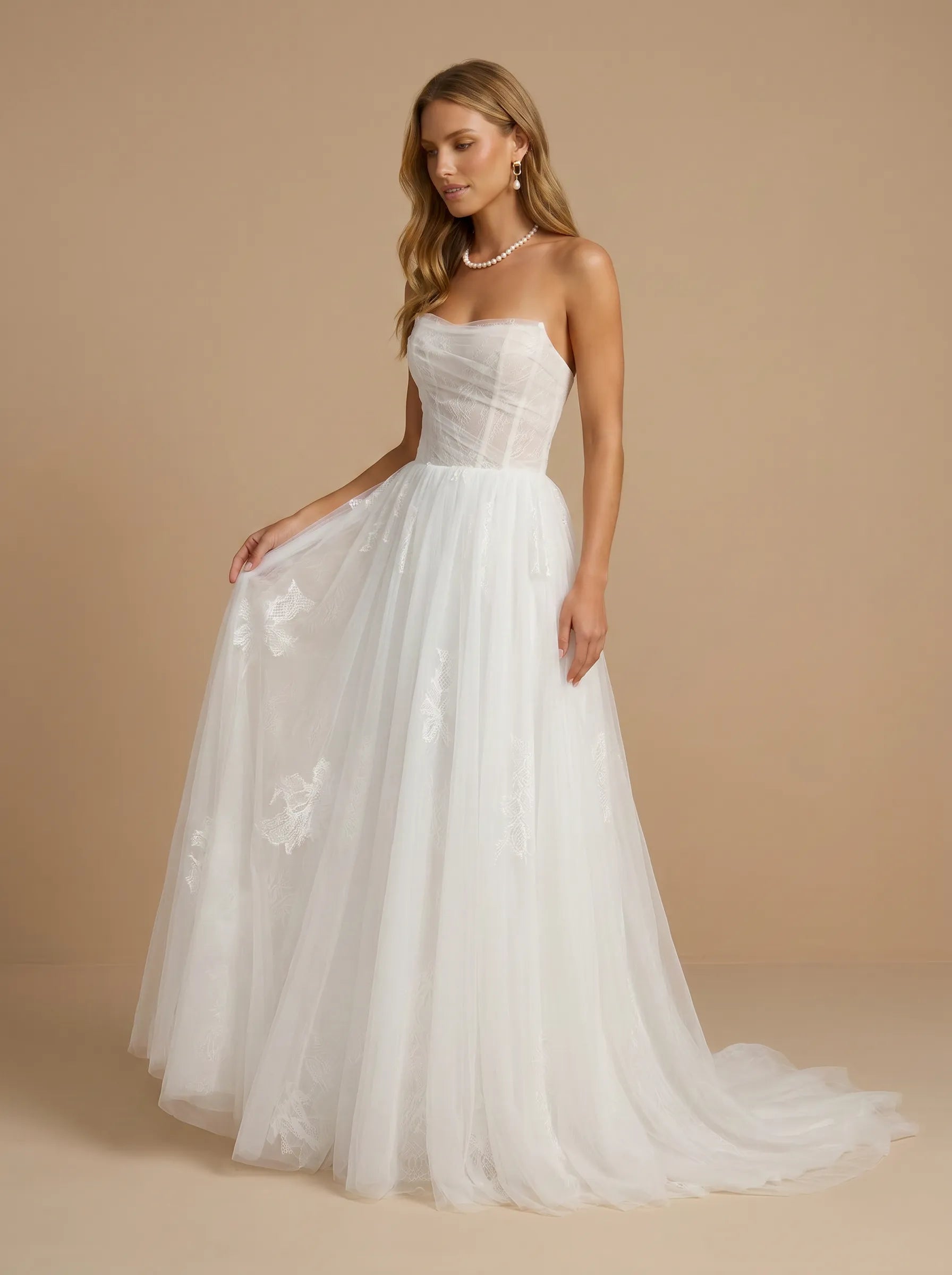 White Strapless Floral Lace Ruched Tulle Wedding Gown