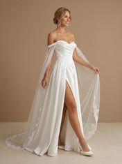 Off the Shoulder A-Line High Slit Satin Wedding Dress with Cape Sleeves