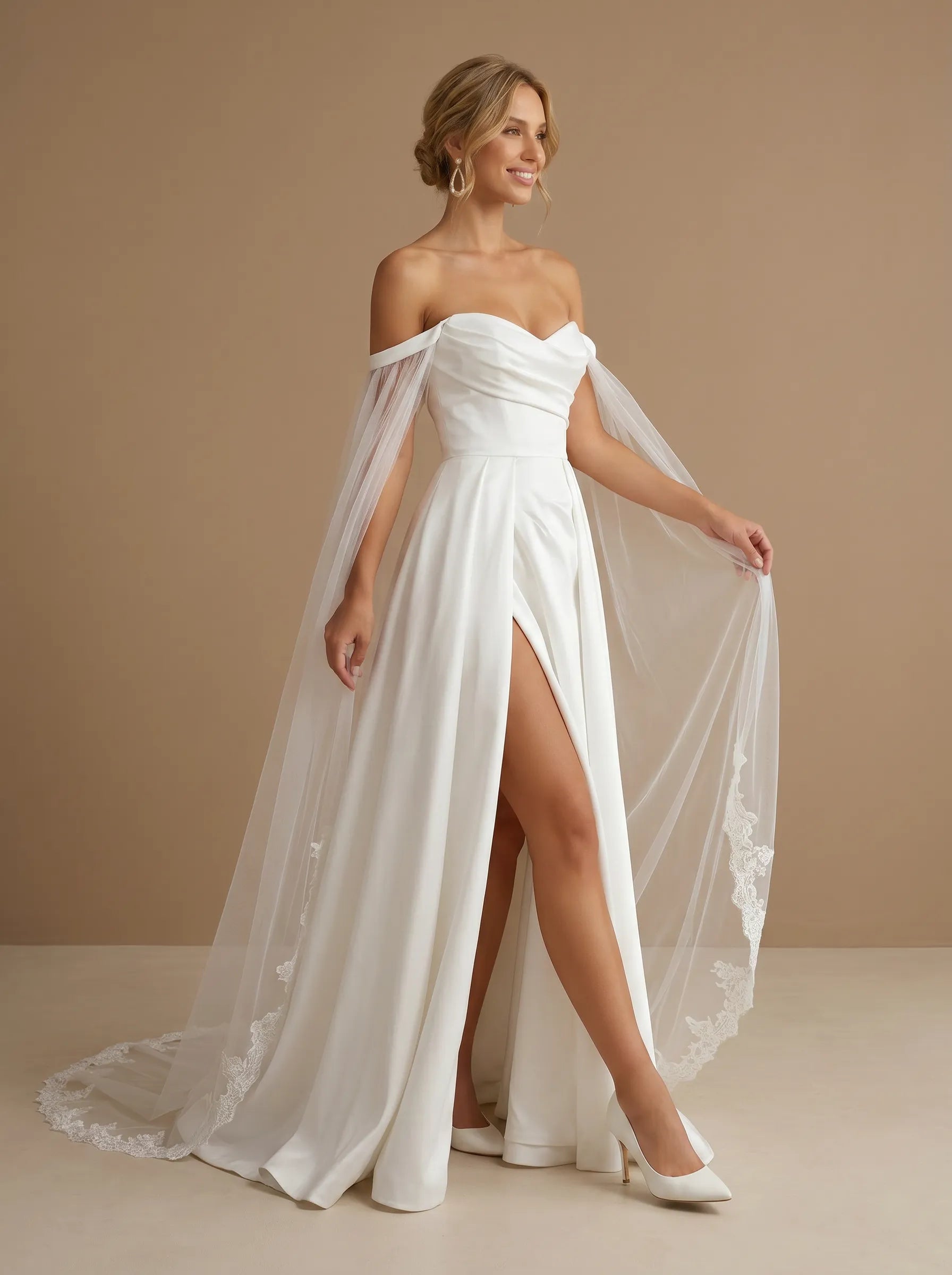 Off the Shoulder A-Line High Slit Satin Wedding Dress with Cape Sleeves