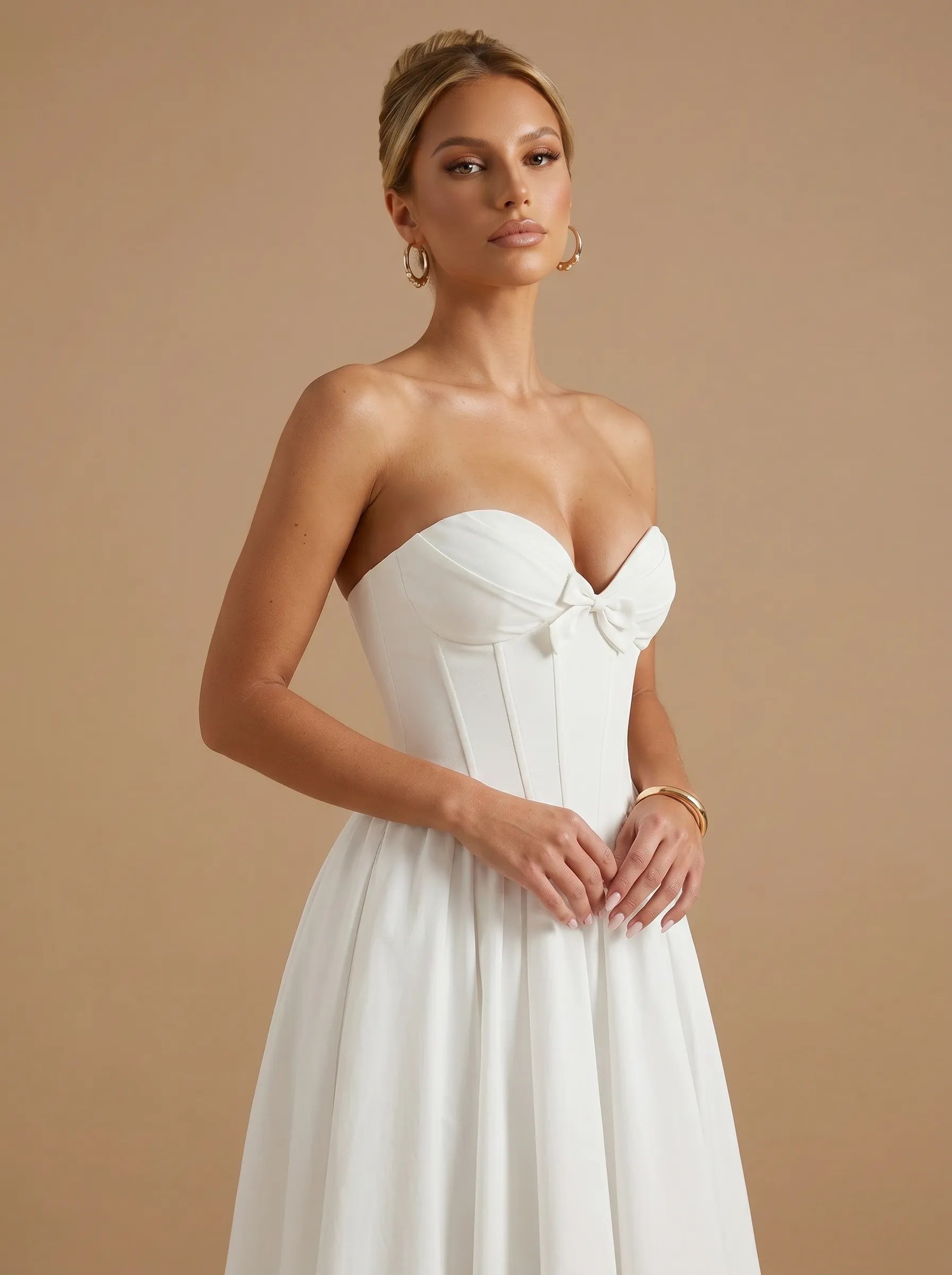 Strapless Sweetheart Satin Corset Tea-Length Bridal Dress with Bow