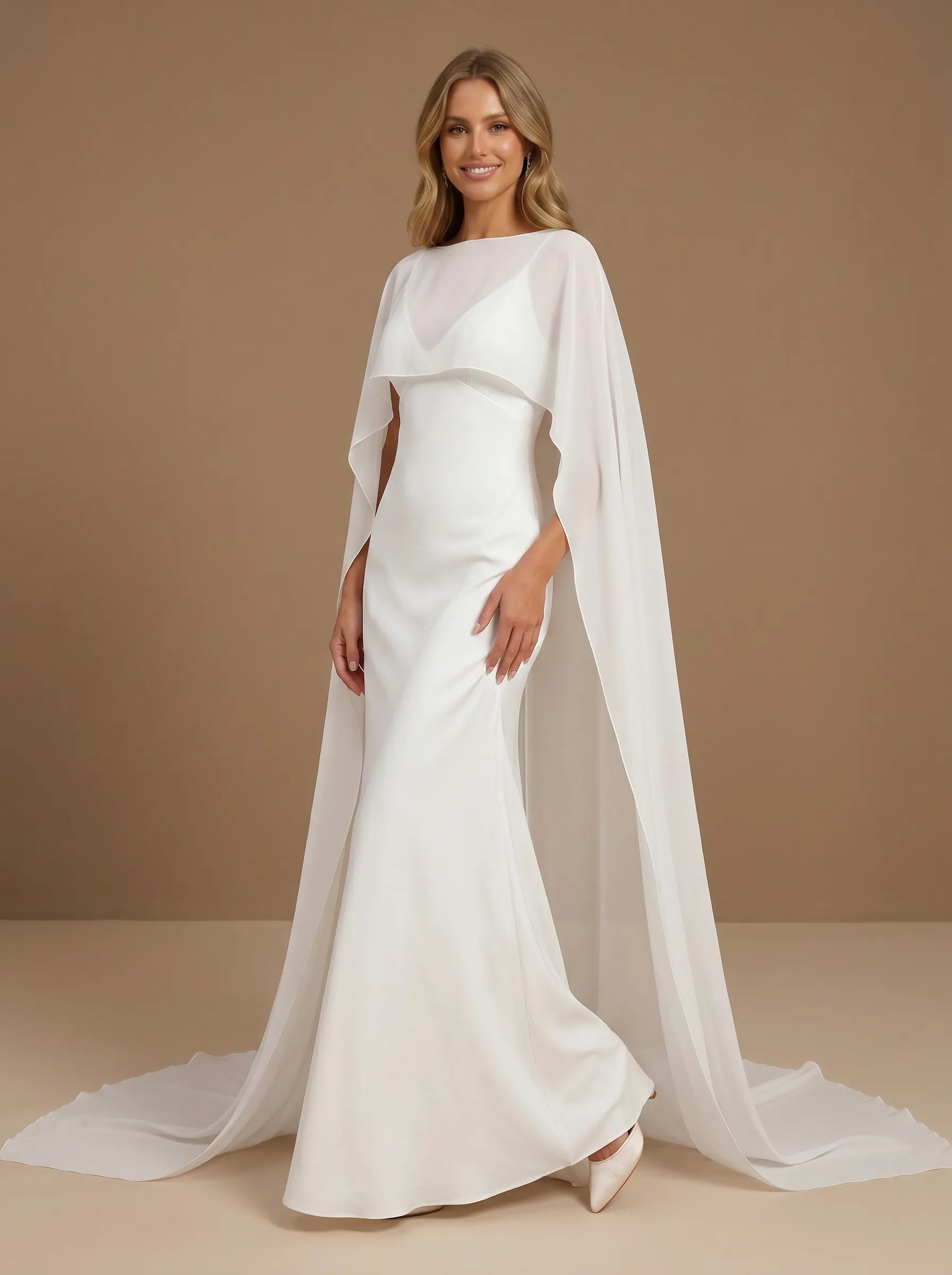 Scoop Neck Satin Mermaid Floor-Length Wedding Gown with Cape