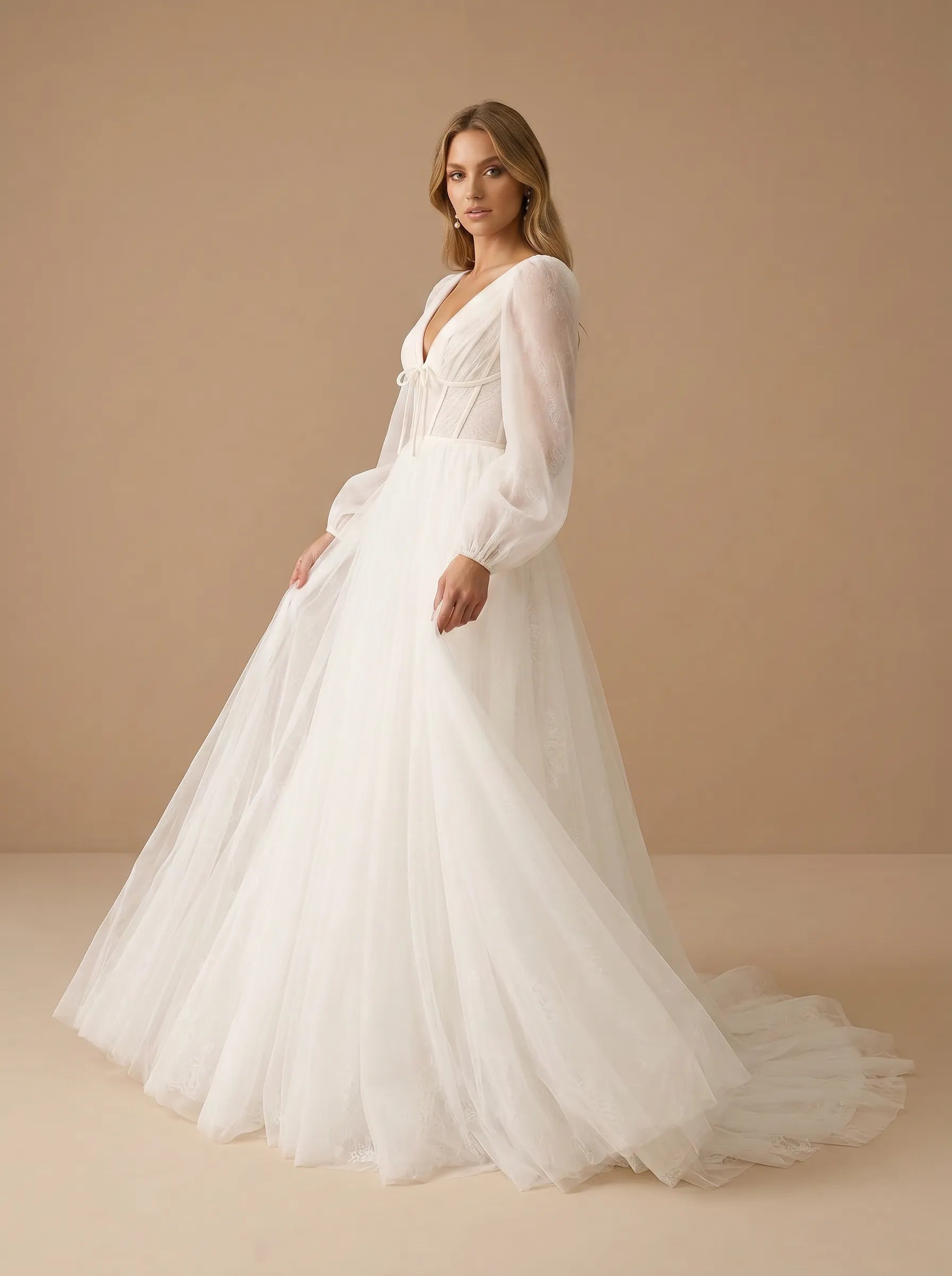 V-Neck Long Puff Lantern Sleeves Tulle Corset Bridal Gown