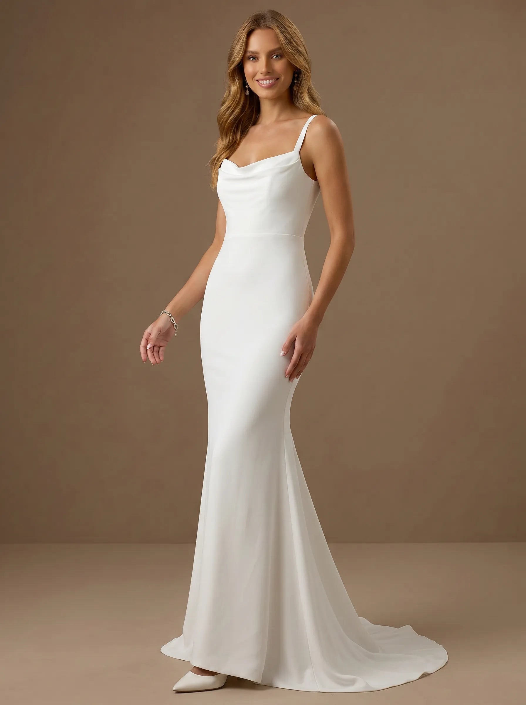 Spaghetti Strap Cowl Neck Satin Mermaid Wedding Gown